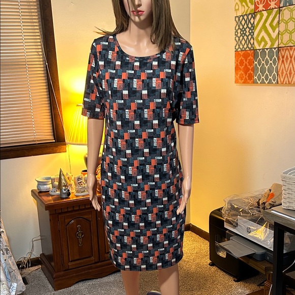 LulaRoe Julia Geometric Patterned Dress - Black, Orange, White - Picture 1 of 7